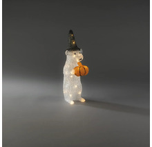 Verlichte decoratiefiguur witte muis met zwarte heksenhoed en oranje pompoen, warmwit licht.