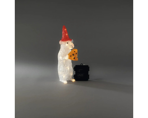 Witte LED-decoratiefiguur muis van acryl met rode muts en gele kaas, op batterijen.
