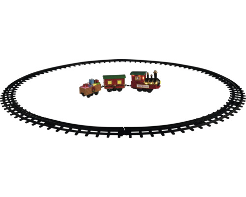 Kersttreinset met locomotief, twee wagons en ronde rails.