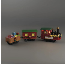 Kersttrein met locomotief, wagon en geschenkwagen, versierd met guirlandes en voorzien van warmwitte verlichting.