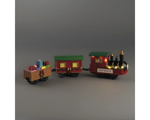 Kersttrein met locomotief, wagon en geschenkwagen, versierd met guirlandes en voorzien van warmwitte verlichting.