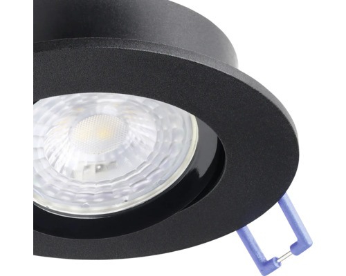 Ronde LED inbouwspot van metaal in zwart met gestructureerde lens en montageveer.
