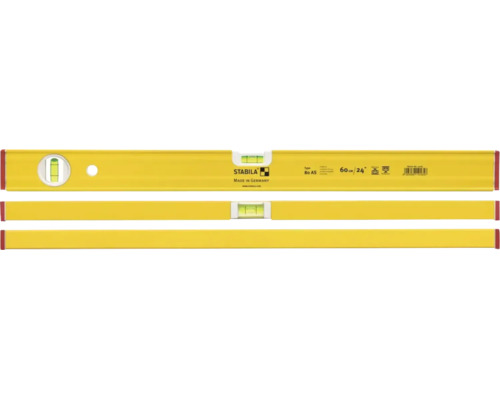 Gele Stabila waterpas Type 80 AS, 60 centimeter lang, aluminium profiel met twee libellen, Stabila Logo.