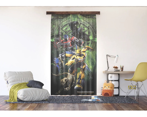 Fotogordijn Transformers Rise of the Beasts in een modern ingerichte kinderkamer met zitzak en bureau.