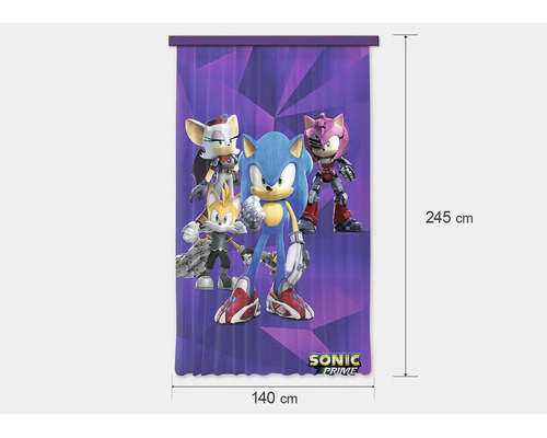 Gordijn Sonic Prime met personages Sonic, Tails, Rouge en Amy, afmetingen 140 centimeter bij 245 centimeter, Sonic Prime Logo.