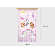 Kindergordijn Paw Patrol met Skye, Everest en Liberty als eenhoorns, regenboog en sterren, 140 bij 245 centimeter.
