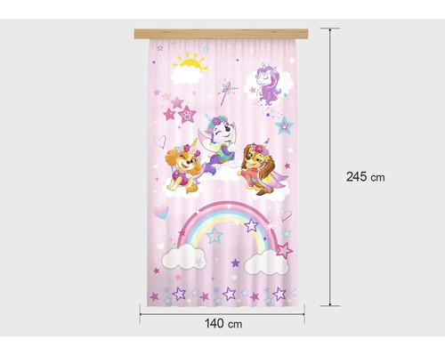 Kindergordijn Paw Patrol met Skye, Everest en Liberty als eenhoorns, regenboog en sterren, 140 bij 245 centimeter.