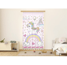 Kindergordijn met eenhoorn op een regenboog, kasteel, sterren, maan en harten.