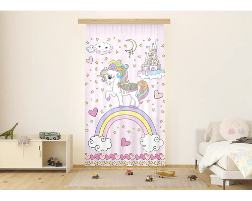 Kindergordijn met eenhoorn op een regenboog, kasteel, sterren, maan en harten.