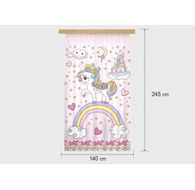 Gordijn voor kinderen met eenhoorn, regenboog en sterren, afmetingen 140 bij 245 centimeter.