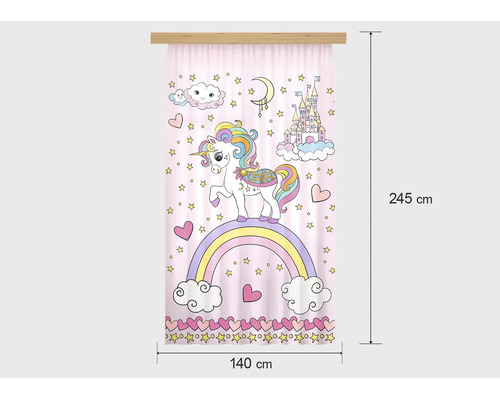 Gordijn voor kinderen met eenhoorn, regenboog en sterren, afmetingen 140 bij 245 centimeter.