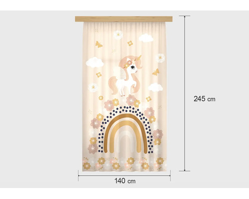 Gordijn voor kinderen met eenhoorn- en regenboogmotief, 140 centimeter breed en 245 centimeter hoog.