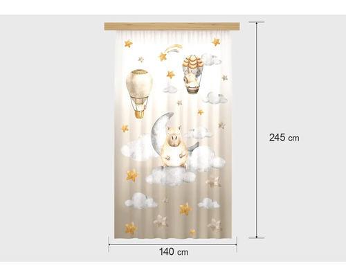 Gordijn voor de kinderkamer met capibara-motief, maan, sterren en luchtballonnen, afmetingen 140 bij 245 centimeter.