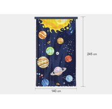 Gordijn met ruimtemotief, planeten, sterren en zon, afmetingen 140 bij 245 centimeter.