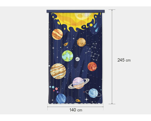 Gordijn met ruimtemotief, planeten, sterren en zon, afmetingen 140 bij 245 centimeter.