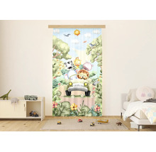 Paneelgordijn voor de kinderkamer met safaridieren in een auto voor een bosdecor, illustratie met leeuw, giraf en zebra.