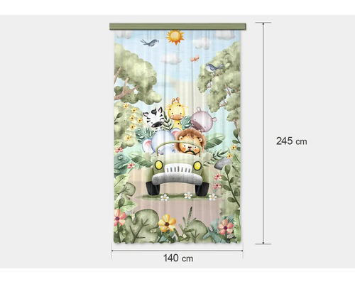 Kindergordijn met safarimotief, dieren in een auto in de jungle, 140 bij 245 centimeter.