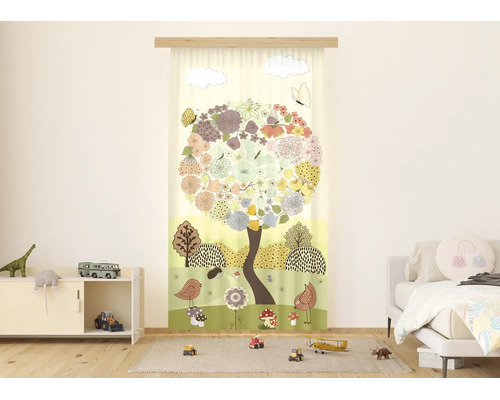 Paneelgordijn voor de kinderkamer met een kleurrijke bloemenboom, vogels, paddenstoelen en vlinders.