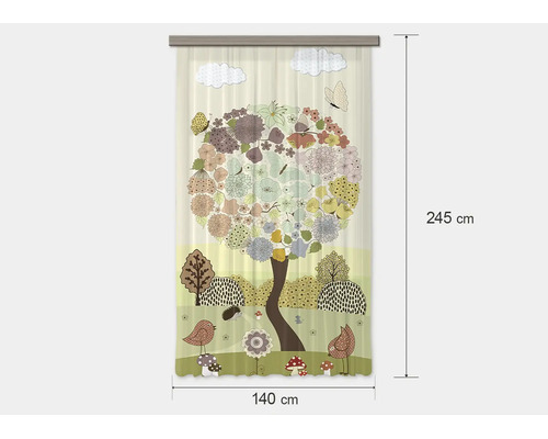 Transparant gordijn met natuurmotief, boom met bloemenkroon, vogels en paddenstoelen, afmeting 140 bij 245 centimeter.