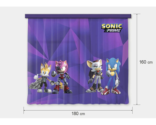 Gordijn met Sonic Prime motief en personages Tails, Amy, Rouge en Sonic, afmetingen 180 bij 160 centimeter, Sonic Prime Logo.