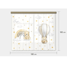 Tweedelig kindergordijn met teddyberen, regenboog, luchtballon en sterren, 180 centimeter breed en 160 centimeter hoog.