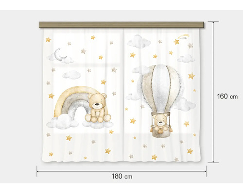 Tweedelig kindergordijn met teddyberen, regenboog, luchtballon en sterren, 180 centimeter breed en 160 centimeter hoog.