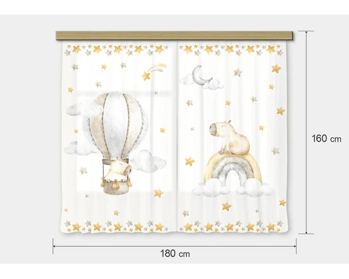 Kindergordijn met luchtballon, regenboog, nijlpaard, sterren en wolken, breedte 180 centimeter, hoogte 160 centimeter.