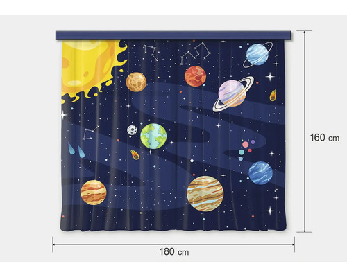 Gordijn met ruimte-thema, planeten, zon en sterren, afmetingen 180 bij 160 centimeter.