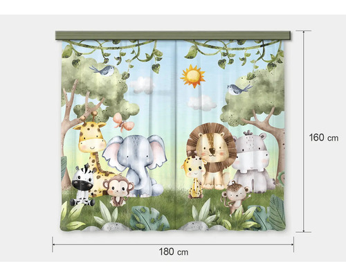 Kindergordijn met jungledieren zoals leeuw, olifant en giraffe, 180 bij 160 centimeter, geïllustreerd ontwerp voor de kinderkamer.