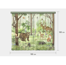Gordijn met bosdierenmotief, beer, hert en vos, 180 centimeter breed, 160 centimeter hoog.