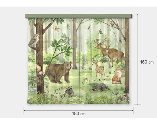 Gordijn met bosdierenmotief, beer, hert en vos, 180 centimeter breed, 160 centimeter hoog.