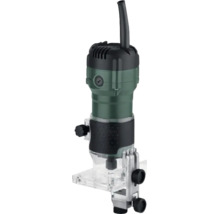 Compacte kantenfrees met transparante voet en zwart gripoppervlak voor houtbewerking.