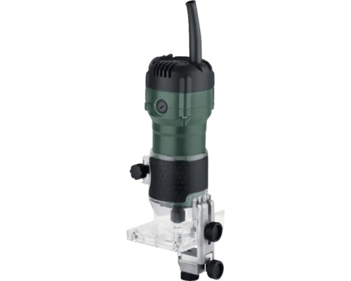 Compacte kantenfrees met transparante voet en zwart gripoppervlak voor houtbewerking.