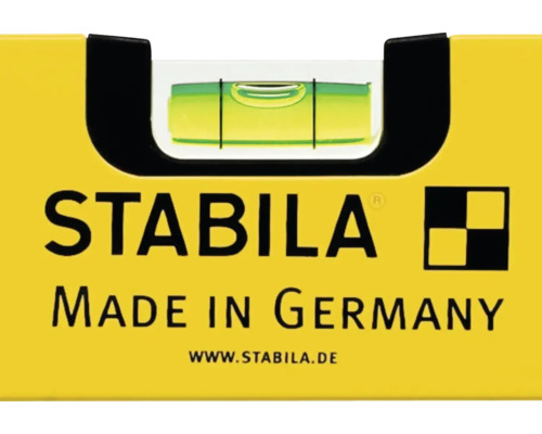 Detail van een Stabila waterpas met libel, Stabila Logo en herkomstvermelding Made in Germany.