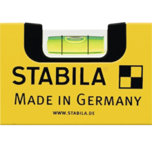 Detailopname van een Stabila waterpas met libel, Stabila Logo en de tekst Geproduceerd in Duitsland.