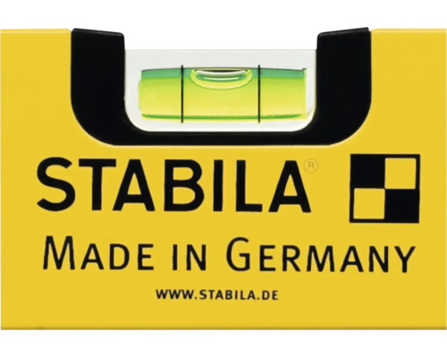 Detailopname van een Stabila waterpas met libel, Stabila Logo en de tekst Geproduceerd in Duitsland.