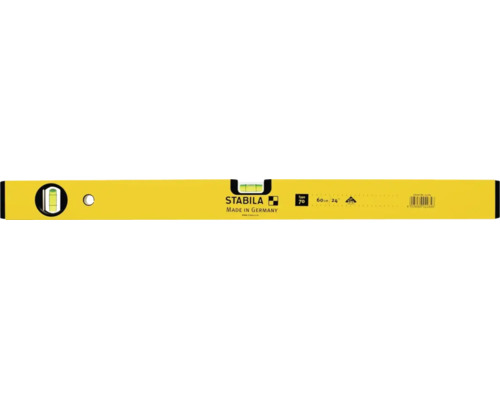 Gele Stabila waterpas Type 70, lengte 60 centimeter, met twee libellen.