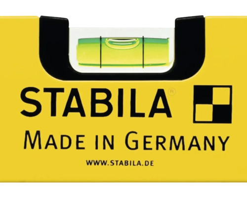 Detailopname van een gele Stabila waterpas met libel, Stabila Logo en aanduiding voor productie in Duitsland.