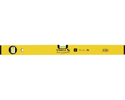 Gele Stabila waterpas type 70 met een lengte van 60 centimeter en libellen voor horizontale en verticale meting.
