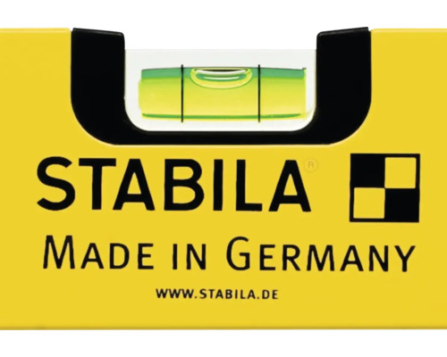 Detail van een Stabila waterpas met libel, Stabila Logo en de aanduiding Gemaakt in Duitsland.