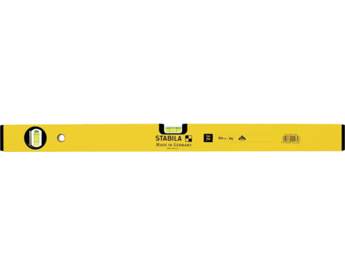 Gele STABILA waterpas Type 70 van aluminium, lengte 60 centimeter, met een horizontale en een verticale libel.