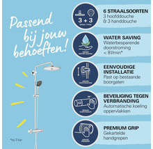 Grohe douchesysteem met thermostaat, hoofd- en handdouche, zes straalsoorten, waterbesparing, eenvoudige montage, verbrandingsbeveiliging en grip.