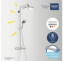 GROHE douchesysteem met hoofddouche, handdouche en thermostaat. Inclusief 5 jaar garantie en montagesleutel. Grohe Logo.