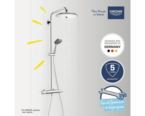 GROHE douchesysteem met hoofddouche, handdouche en thermostaat. Inclusief 5 jaar garantie en montagesleutel. Grohe Logo.