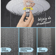 Verstelbare douchekop met drie straalsoorten: Rain straal, SmartRain straal en Jet straal.