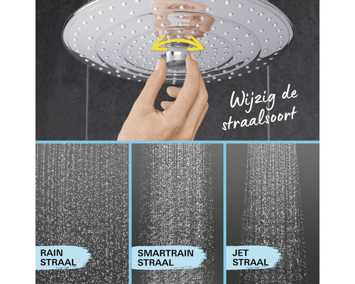 Verstelbare douchekop met drie straalsoorten: Rain straal, SmartRain straal en Jet straal.