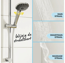 Handdouche op glijstang met drie instelbare straalsoorten Rain, SmartRain en Massage.