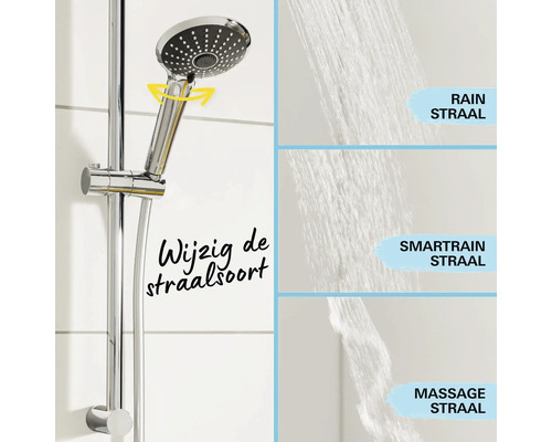 Handdouche op glijstang met drie instelbare straalsoorten Rain, SmartRain en Massage.