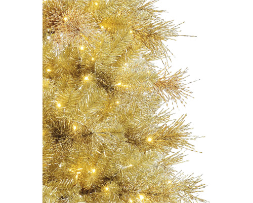 Kunstkerstboom in goud met geïntegreerde verlichting, detailopname van de glanzende takken.
