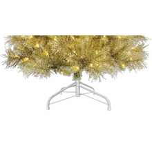 Kunstkerstboom in goud met geïntegreerde ledverlichting op een witte metalen standaard.